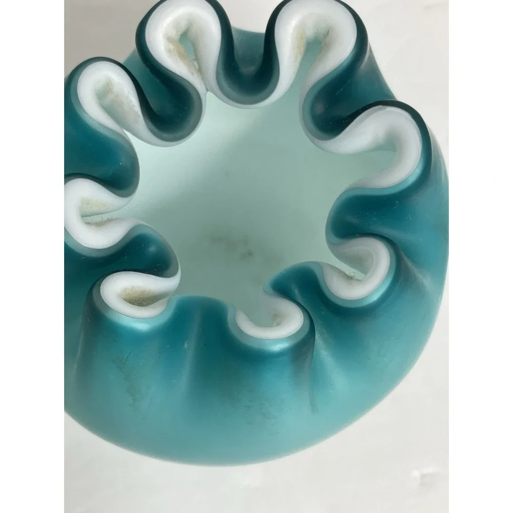 Vintage Blue Satin Glass White Cased Rose Bowl Crimped Edge ~ 3.25 Tall